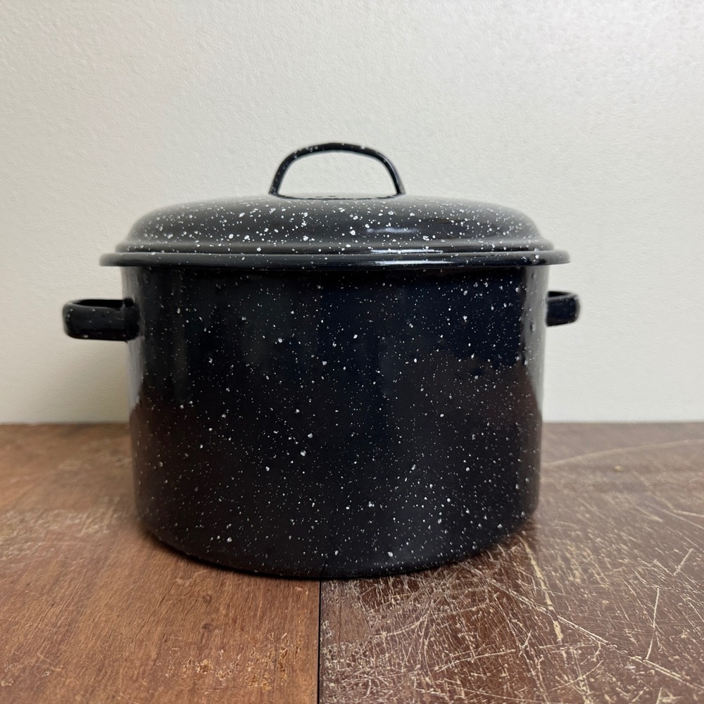 Vintage Black White Speckled Enamel Granite Ware Stock Pot with lid